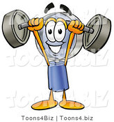 Illustration of a Cartoon Magnifying Glass Mascot Holding a Heavy Barbell Above His Head by Mascot Junction