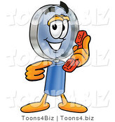 Illustration of a Cartoon Magnifying Glass Mascot Holding a Telephone by Mascot Junction