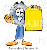 Illustration of a Cartoon Magnifying Glass Mascot Holding a Yellow Sales Price Tag by Mascot Junction