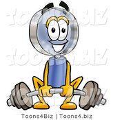 Illustration of a Cartoon Magnifying Glass Mascot Lifting a Heavy Barbell by Mascot Junction