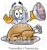 Illustration of a Cartoon Magnifying Glass Mascot Serving a Thanksgiving Turkey on a Platter by Mascot Junction