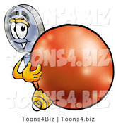 Illustration of a Cartoon Magnifying Glass Mascot Standing with a Christmas Bauble by Mascot Junction