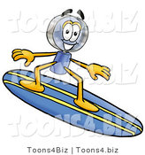 Illustration of a Cartoon Magnifying Glass Mascot Surfing on a Blue and Yellow Surfboard by Mascot Junction