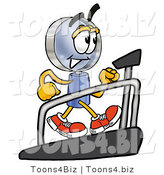 Illustration of a Cartoon Magnifying Glass Mascot Walking on a Treadmill in a Fitness Gym by Mascot Junction