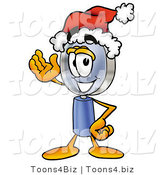 Illustration of a Cartoon Magnifying Glass Mascot Wearing a Santa Hat and Waving by Mascot Junction