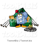 Illustration of a Cartoon Mailbox Camping with a Tent and Fire by Mascot Junction