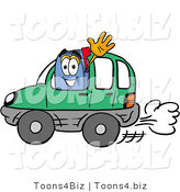 Illustration of a Cartoon Mailbox Driving a Green Car and Waving by Mascot Junction