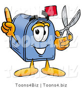 Illustration of a Cartoon Mailbox Holding a Pair of Scissors by Mascot Junction