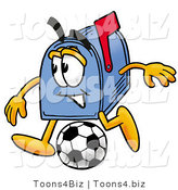 Illustration of a Cartoon Mailbox Kicking a Soccer Ball by Mascot Junction