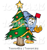 Illustration of a Cartoon Mailbox Waving and Standing by a Decorated Christmas Tree by Mascot Junction