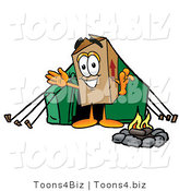 Illustration of a Cartoon Packing Box Mascot Camping with a Tent and Fire by Mascot Junction