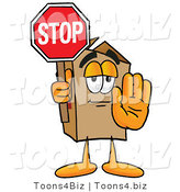 Illustration of a Cartoon Packing Box Mascot Holding a Stop Sign by Mascot Junction