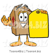 Illustration of a Cartoon Packing Box Mascot Holding a Yellow Sales Price Tag by Mascot Junction