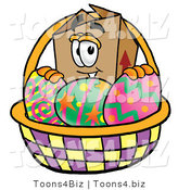 Illustration of a Cartoon Packing Box Mascot in an Easter Basket Full of Decorated Easter Eggs by Mascot Junction