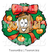 Illustration of a Cartoon Packing Box Mascot in the Center of a Christmas Wreath by Mascot Junction