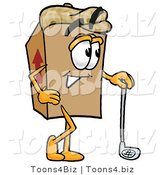 Illustration of a Cartoon Packing Box Mascot Leaning on a Golf Club While Golfing by Mascot Junction