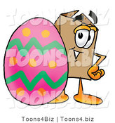 Illustration of a Cartoon Packing Box Mascot Standing Beside an Easter Egg by Mascot Junction