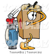 Illustration of a Cartoon Packing Box Mascot Swinging His Golf Club While Golfing by Mascot Junction