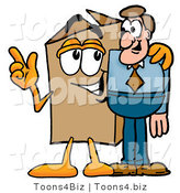 Illustration of a Cartoon Packing Box Mascot Talking to a Business Man by Mascot Junction