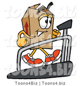 Illustration of a Cartoon Packing Box Mascot Walking on a Treadmill in a Fitness Gym by Mascot Junction