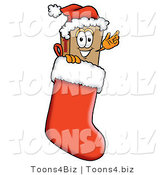 Illustration of a Cartoon Packing Box Mascot Wearing a Santa Hat Inside a Red Christmas Stocking by Mascot Junction