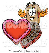 Illustration of a Cartoon Packing Box Mascot with an Open Box of Valentines Day Chocolate Candies by Mascot Junction