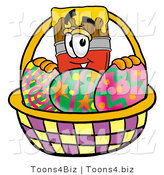 Illustration of a Cartoon Paint Brush Mascot in an Easter Basket Full of Decorated Easter Eggs by Mascot Junction