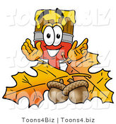 Illustration of a Cartoon Paint Brush Mascot with Autumn Leaves and Acorns in the Fall by Mascot Junction