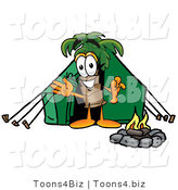 Illustration of a Cartoon Palm Tree Mascot Camping with a Tent and Fire by Mascot Junction