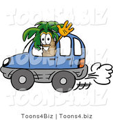 Illustration of a Cartoon Palm Tree Mascot Driving a Blue Car and Waving by Mascot Junction