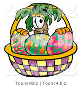 Illustration of a Cartoon Palm Tree Mascot in an Easter Basket Full of Decorated Easter Eggs by Mascot Junction