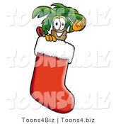 Illustration of a Cartoon Palm Tree Mascot Inside a Red Christmas Stocking by Mascot Junction