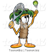 Illustration of a Cartoon Palm Tree Mascot Preparing to Hit a Tennis Ball by Mascot Junction