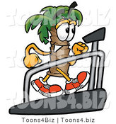 Illustration of a Cartoon Palm Tree Mascot Walking on a Treadmill in a Fitness Gym by Mascot Junction