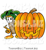 Illustration of a Cartoon Palm Tree Mascot with a Carved Halloween Pumpkin by Mascot Junction