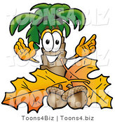 Illustration of a Cartoon Palm Tree Mascot with Autumn Leaves and Acorns in the Fall by Mascot Junction