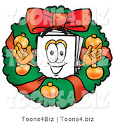 Illustration of a Cartoon Paper Mascot in the Center of a Christmas Wreath by Mascot Junction