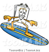 Illustration of a Cartoon Paper Mascot Surfing on a Blue and Yellow Surfboard by Mascot Junction