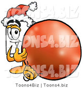 Illustration of a Cartoon Paper Mascot Wearing a Santa Hat, Standing with a Christmas Bauble by Mascot Junction