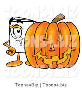 Illustration of a Cartoon Paper Mascot with a Carved Halloween Pumpkin by Mascot Junction