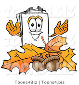 Illustration of a Cartoon Paper Mascot with Autumn Leaves and Acorns in the Fall by Mascot Junction