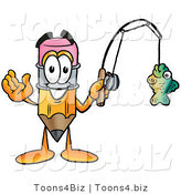 Illustration of a Cartoon Pencil Mascot Holding a Fish on a Fishing Pole by Mascot Junction