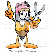 Illustration of a Cartoon Pencil Mascot Holding a Pair of Scissors by Mascot Junction