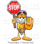 Illustration of a Cartoon Pencil Mascot Holding a Stop Sign by Mascot Junction