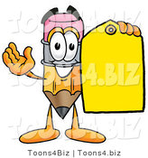 Illustration of a Cartoon Pencil Mascot Holding a Yellow Sales Price Tag by Mascot Junction