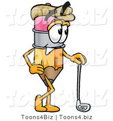 Illustration of a Cartoon Pencil Mascot Leaning on a Golf Club While Golfing by Mascot Junction