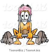 Illustration of a Cartoon Pencil Mascot Lifting a Heavy Barbell by Mascot Junction