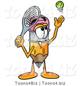 Illustration of a Cartoon Pencil Mascot Preparing to Hit a Tennis Ball by Mascot Junction