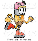 Illustration of a Cartoon Pencil Mascot Roller Blading on Inline Skates by Mascot Junction