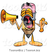 Illustration of a Cartoon Pencil Mascot Screaming into a Megaphone by Mascot Junction
